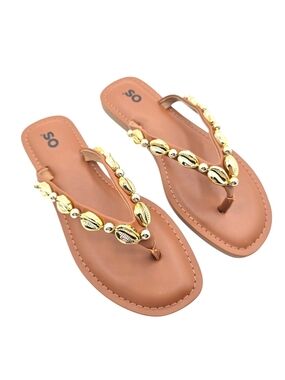 SO Tan Sandal Thongs with Gold Shell Embellishments Sz 6.5 NWT